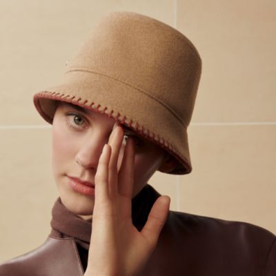 HERMES　エルメスバケットハット　カシミヤ 100 　ブラウン 極美品☆HERMES エルメス Hモチーフ刺繍入り 裏地カシミヤ100